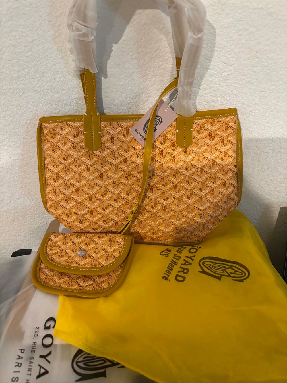 Yellow Chevron Coated Canvas Tote with Pouch